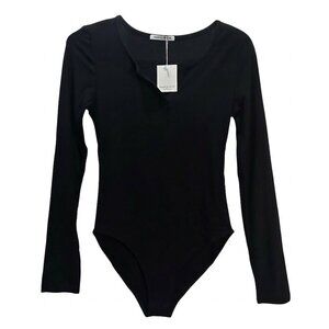 NWT | MANGOPOP Long Sleeve Bodysuit | Notched Henley V-Neck | Onyx Black | XS